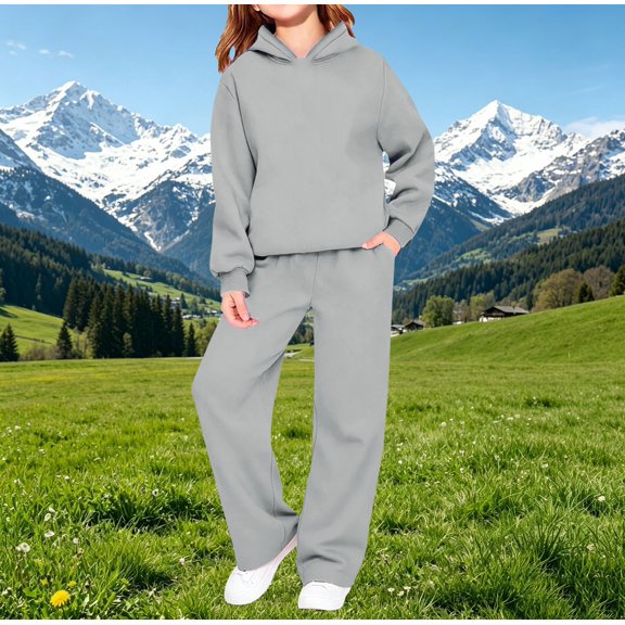 UACY Teen Girls Casual Tracksuit, Solid Pullover Hoodie & Loose Wide Leg Sweatpants 2 Piece Sweatsuit, Long Sleeve Daily Sport Outfit (Light Ashy, 5-6 Years)