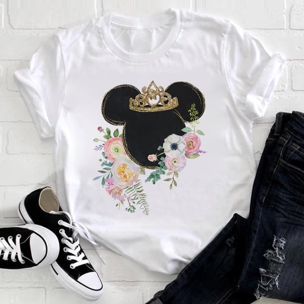 Disney Mickey Mouse Head Print T Shirt Woman Usa Harajuku Youthful Style Disneyland Clothes Aesthetic Fashion Female Tops TeeM Gao Jinjia LED