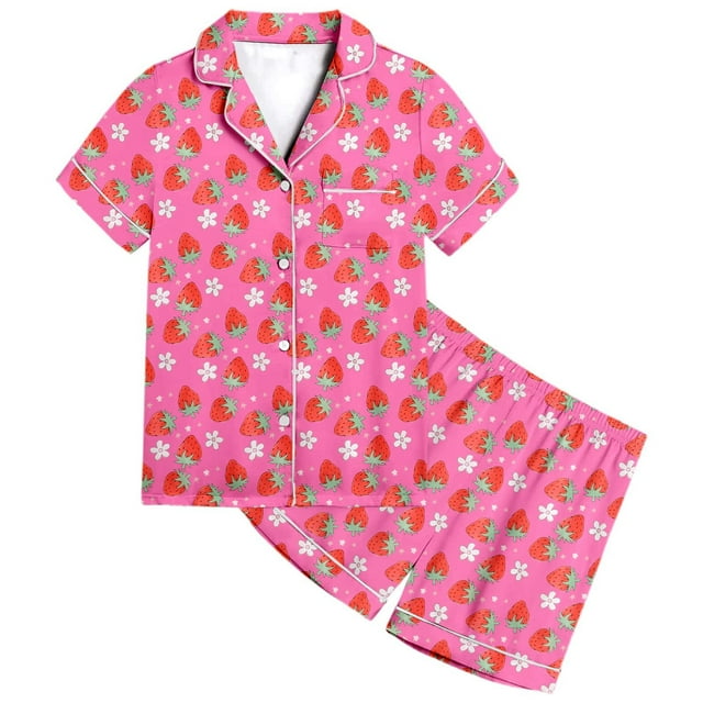 Ensemble de Pyjama pour Enfants à Manches Courtes, Boutonné, à Imprimé de Fraises, avec Shorts Assortis pour des Nuits Douillettes