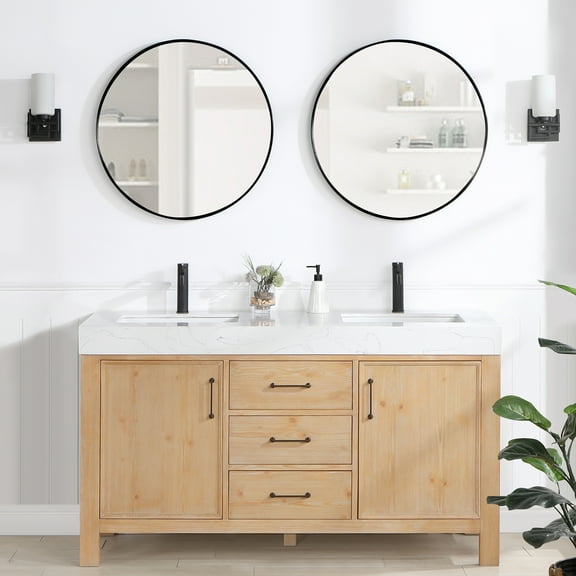 Leon 60" Double Vanity in Fir Wood Brown with Lightning White Composite & Mirror