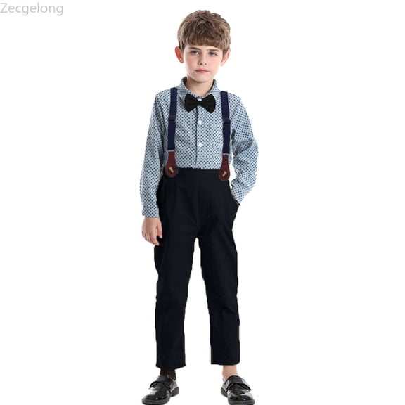 Zecgelong Toddler Boys Long Sleeve Bowknot Prints T Shirt Tops Suspender Pants Child Kids Gentleman Outfits Boys Suits Size 2-3 Years