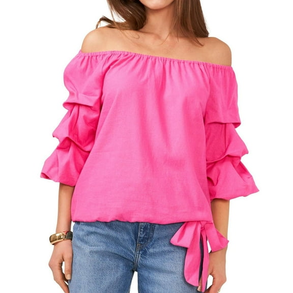 Vince Camuto Womens Linen Blend Off the Shoulder Blouse, Pink, Medium