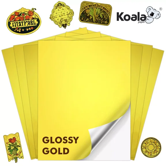 Koala Printable Vinyl Sticker Paper for Inkjet Laser Printers, Glossy Foil Gold Finish, Waterproof, 8.5x11 in, 20 Counts