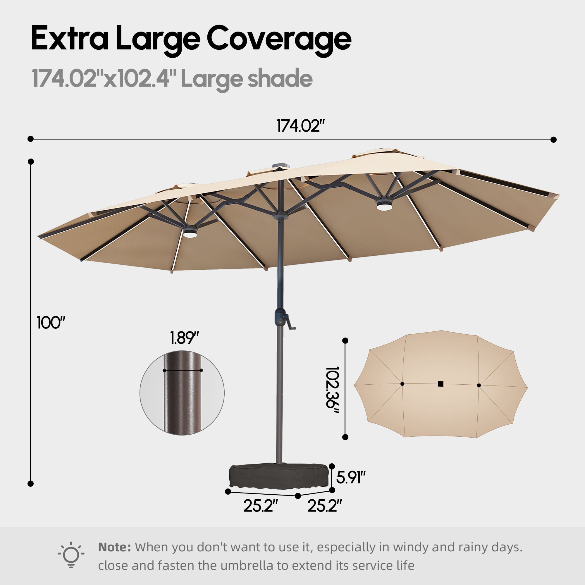 Toject 15ft Large Patio Umbrellas, Double-Sided Outdoor Market Rectangle Umbrellas, Extra Pool Umbrellas for Deck, Backyard, Outside (Tan, Base Included)