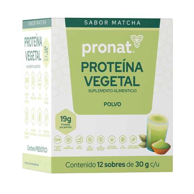 PRONAT | Proteína Vegetal Sabor Matcha, Endulzada con Monk Fruit, 19 g de proteína por porción, Suplemento Alimenticio, Sin Azúcar Añadida, Caja