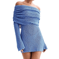 thumbnail image 1 of Vestido Elegante Tipo Suéter de con Hombros Descubiertos para Mujer, Ajustado, de Larga y Crochet Azul S, 1 of 10