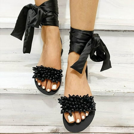 

Ykohkofe Womens Flats Beaded Open Toe Comfortable Casual Beach Shoes Cross Strap Sandals