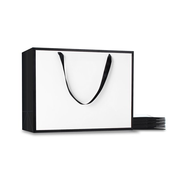 Yaceyace Bolsas De Regalo Grandes En Blanco Y Negro, 10 Bolsas Extra Grandes De 16.0 X 6.0 X 12.0 In, Blancas Y Negras Con Asas De Cinta, Bolsas De Papel Resistentes