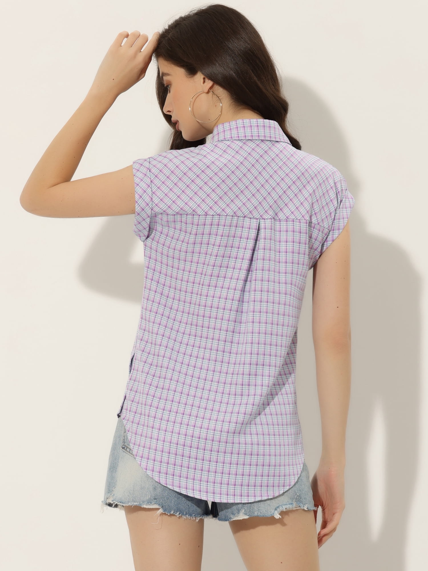 DARING DIVA Women's Summer Plaid Short Sleeves Button Down Shirts L Lilac