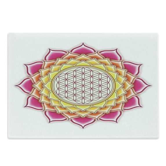 Lotus Cutting Board, Flower of Life Geometry Pattern Inside Lotus Petals Yoga Image, Decorative Tempered Glass Cutting and Serving Board, Large Size, Hot Pink Orange Yellow, by Ambesonne