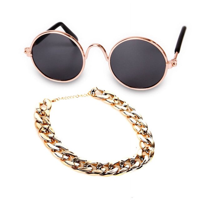 Divertidas gafas de sol circulares retro clásicas para mascotas y collar de cadena de color dorado para gatos y perros pequeños