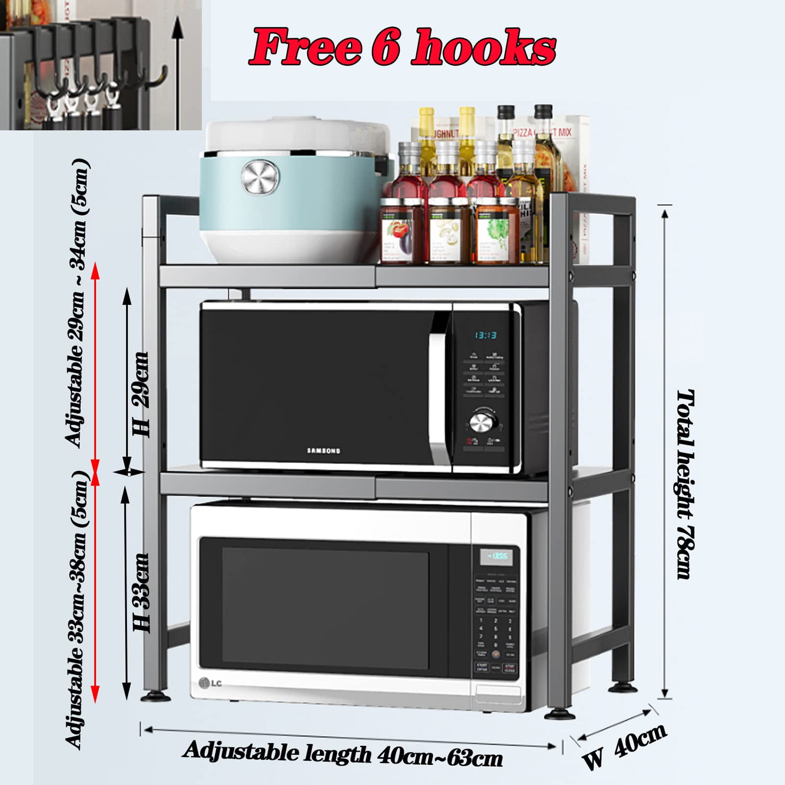 Copedvic 3-Tier Kitchen Baker's Rack Extendable Microwave Oven Stand Kitchen Storage Shelf with S-Hooks, Black