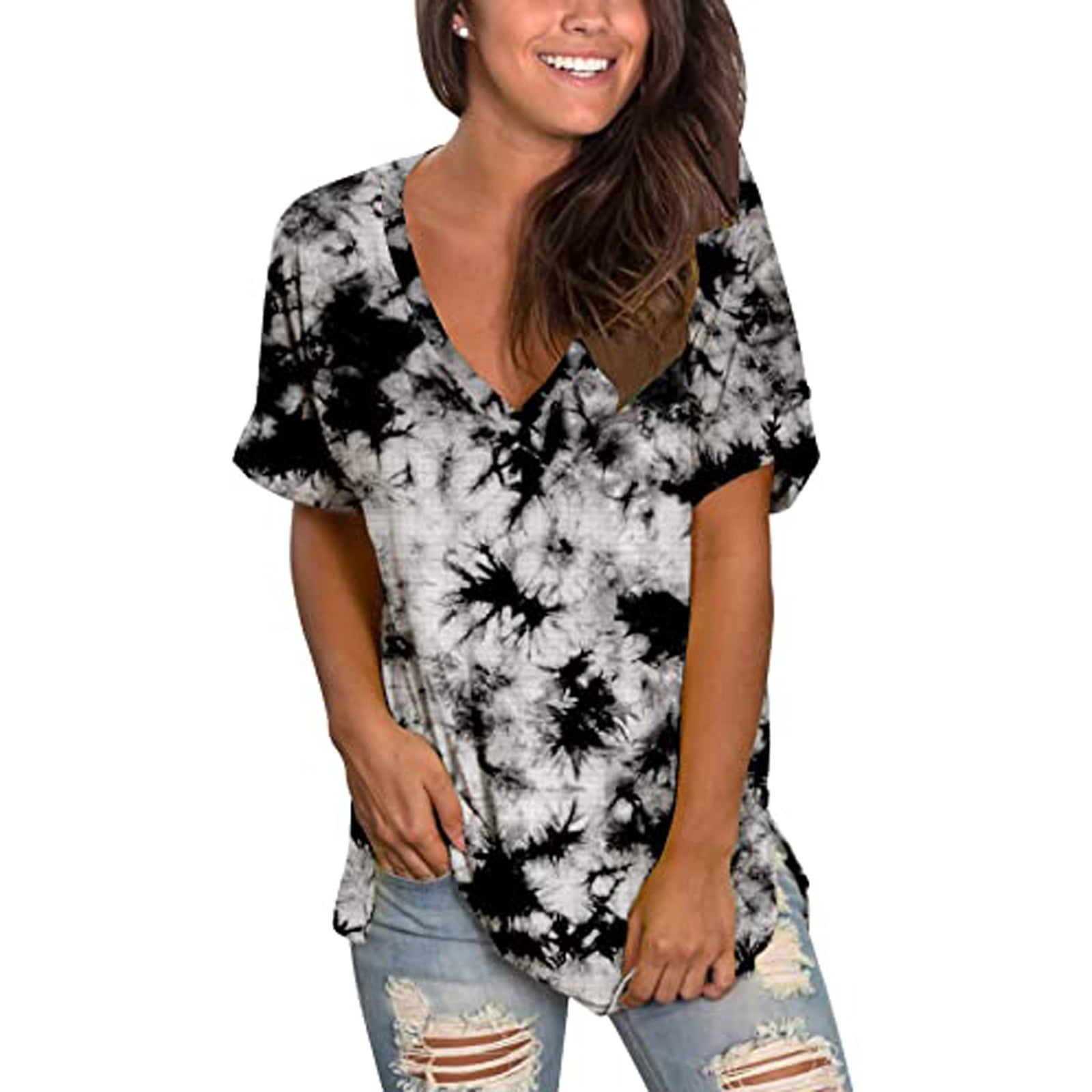 Shirts for Women,Womens Tie Dye Short Sleeve Shirts for Womens V Neck Graphic Printed Tee Casual Summer Tops 