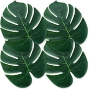 Jungle Leaves for Hawaiian Party Supplies and Decorations, 100 Pcs Fake Palm Leaves for Green Placemats, Monstera Leaves for Tropical Party Decor, Luau Centerpieces for Tables (100)