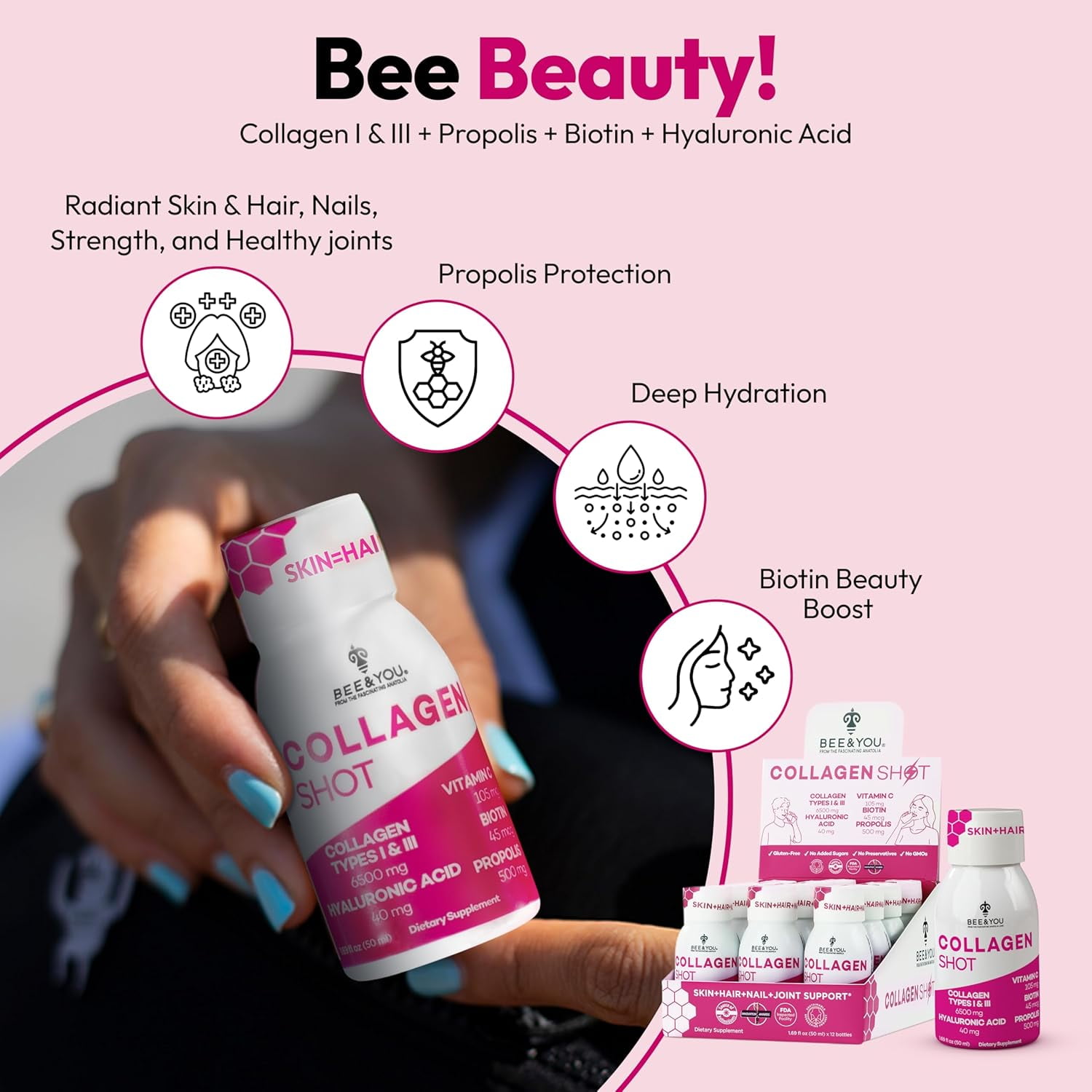 BEE and YOU Collagen Liquid Shot Drink with Vitamin C, Hyaluronic Acid, Biotin - Promotes Skin, Hair, Nail and Joint Health, 1.69 fl. Oz x 12 Bottles