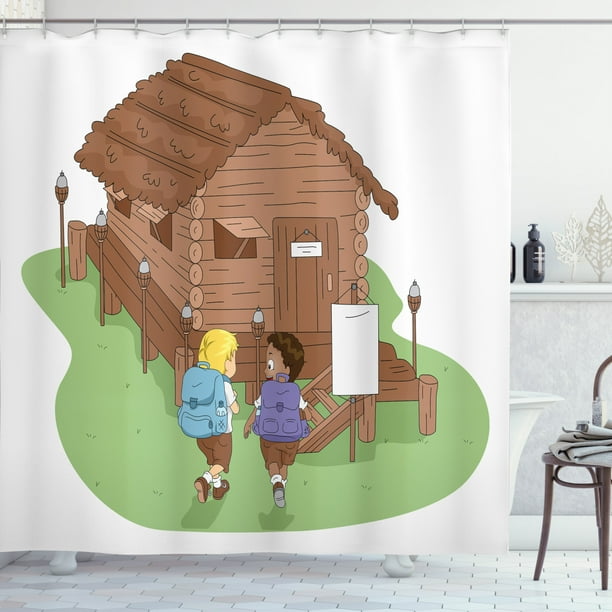 Log Cabin Shower Curtain Cartoon Description On Plain Background Of 2 Kids Heading To A Lodge Fabric Bathroom Set With Hooks 69w X 84l Inches Extra Long Brown And Multicolor By Ambesonne Log Cabin Shower Curtain Cartoon, Log Cabin Shower Curtain Hooks