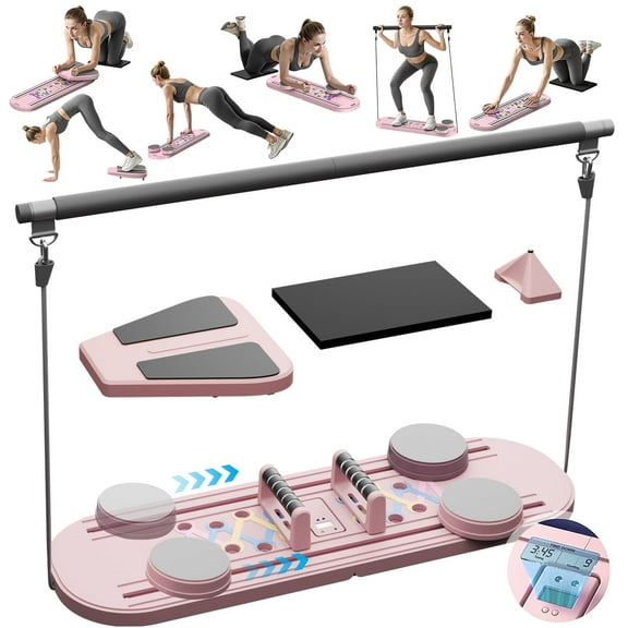 RICAN Pilates Reformer Board, Multifunctional Abdominal Board, Core Workout Equipment with Adjustable Push-Up Handles, Pink