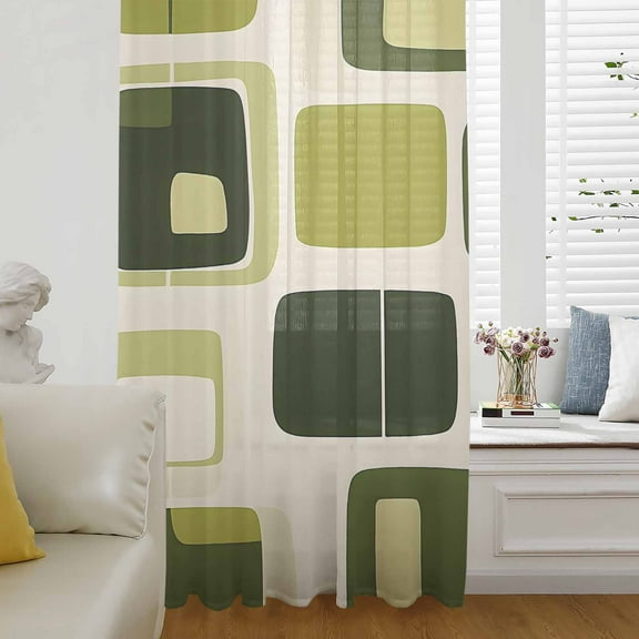 Sage Green Boho Semi Sheer Curtains Drapes for Living Room,Bedroom,French Doors Window 108 Inches Long,Modern Abstract Geometric Middle Century Rod Pocket Chiffon Curtain Drapery Voile Drape Panel