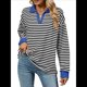 thumbnail image 2 of Sudaderas A Rayas de Talla Grande para Mujer, de Larga, con Cuello de Solapa, Informales, Suaves, Tipo Pulóver, Camisetas Negro S, 2 of 10