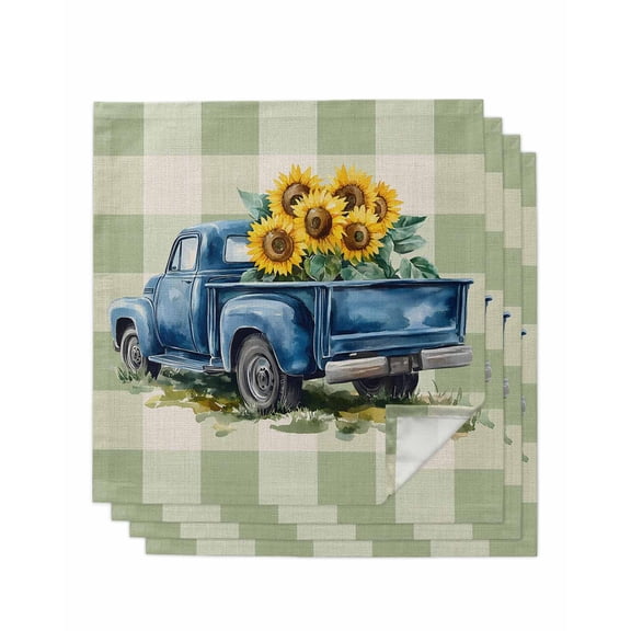 nqOlkjepod Blue Truck Yellow Sunflower Cloth Napkins Set of 4 Reusable Dinner Napkins, Sage Green Plaid Vintage Summer Cocktail Napkin Washable Table Napkins for Wedding/Party/Baby Shower 20"x20"