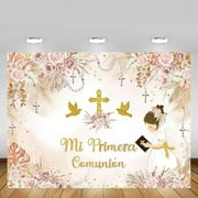Custom Boho Mi Primera Comunión Girls Baptism Backdrop First Holy Communion Banner God Bless Christening Party Photography Background Banner Sign Photo Booth Props 7x5ft