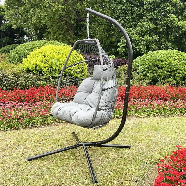 Hanging Chair for Bedroom, Outdoor Patio Wicker Hanging Egg Chairs with Stand, UV Resistant Hammock Chair with Comfortable Blue Cushion, Durable Indoor Swing Chair for Garden, Backyard, 250lbs, L3949