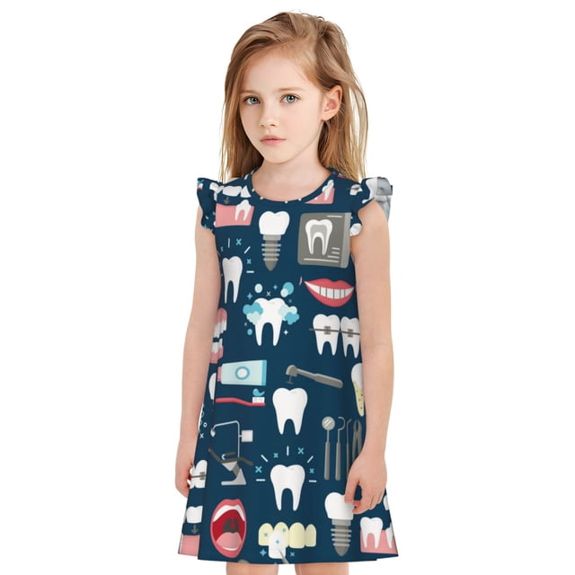 Fotbe Dental Vestido de Dormir para Niñas de 3 a 10 Años, Mangas Cortas, Estilo Princesa, Pijama Camisón con Mangas Voladas-Medium