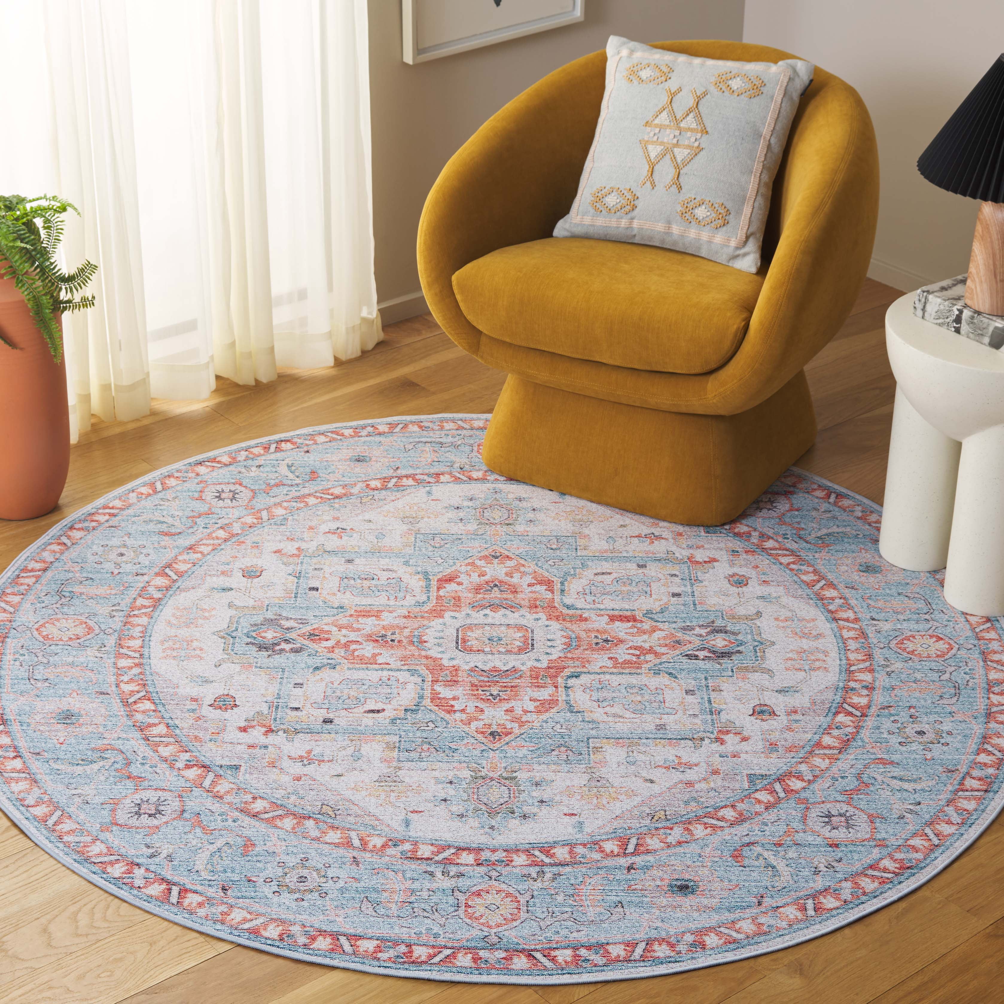 SAFAVIEH Tucson Alyx Oriental Machine Washable Area Rug, Turquoise/Rust, 6' x 6' Round