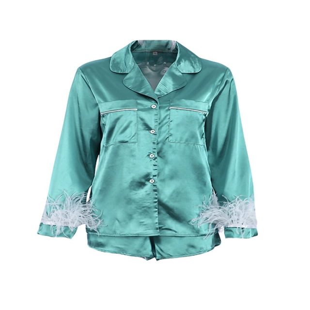 Femmes Pyjama 2 Pcs Manches Longues Poignets en Plumes Blouse Shorts