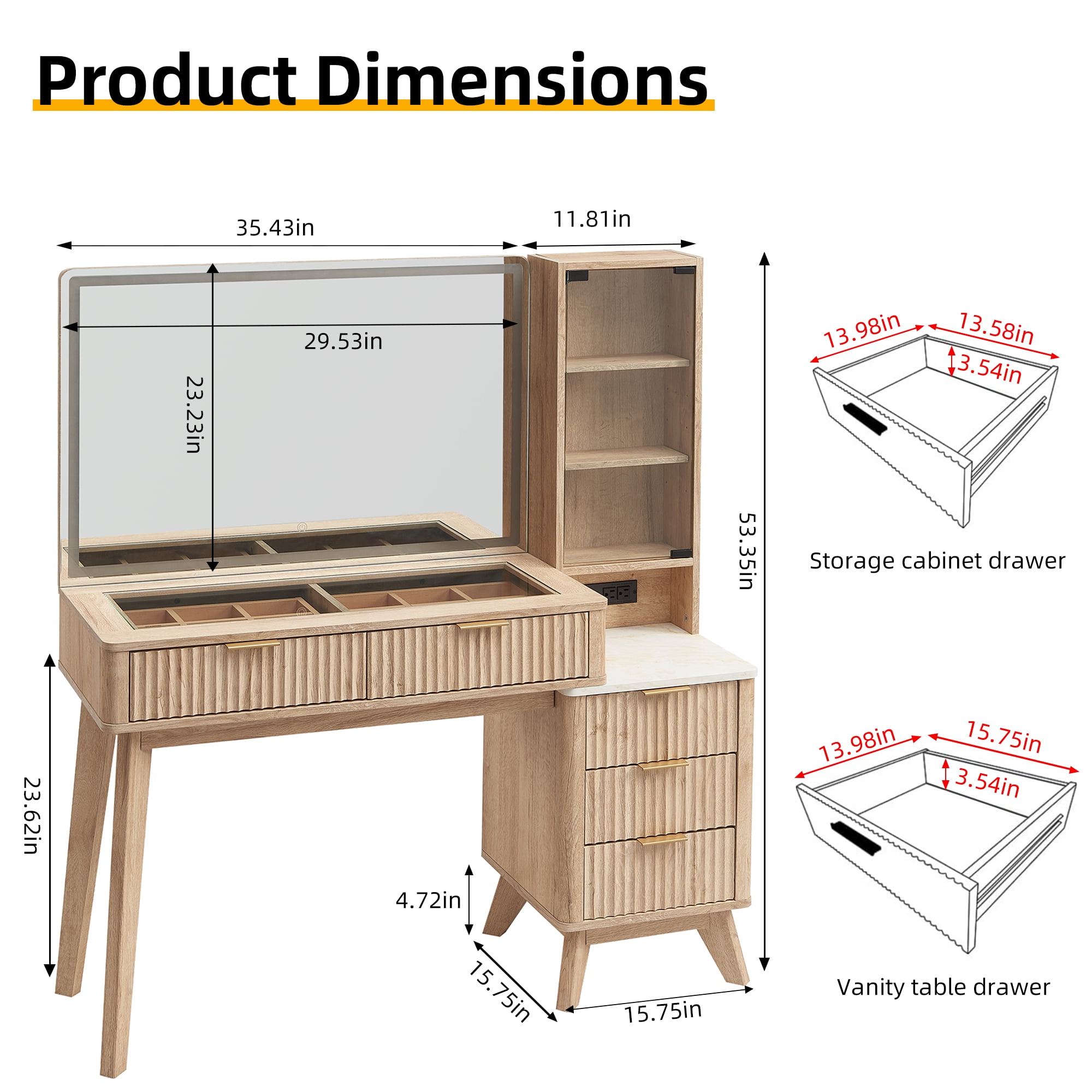 KeyWhat 48" Fluted Vanity Desk with 36" Mirror and Lights - Oak