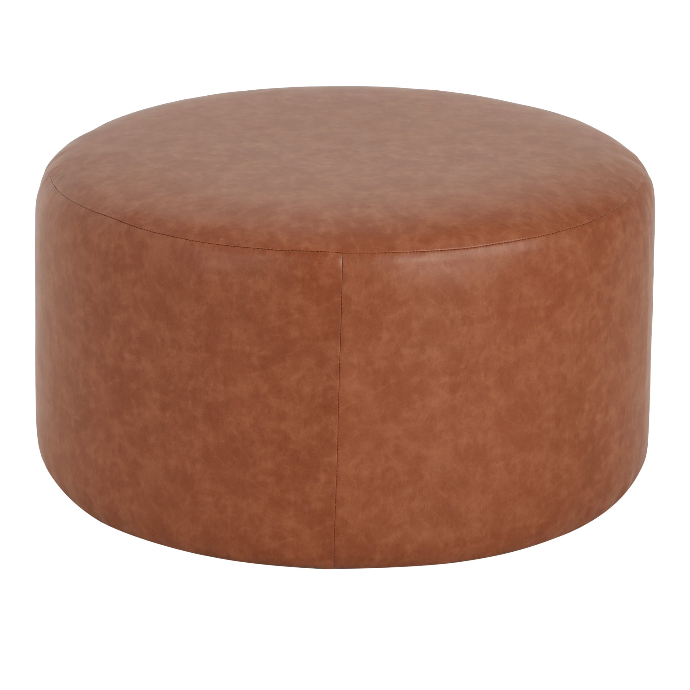 Christopher Knight Home 30" PU Upholstered Round Ottoman, Wood Frame, Cognac Brown