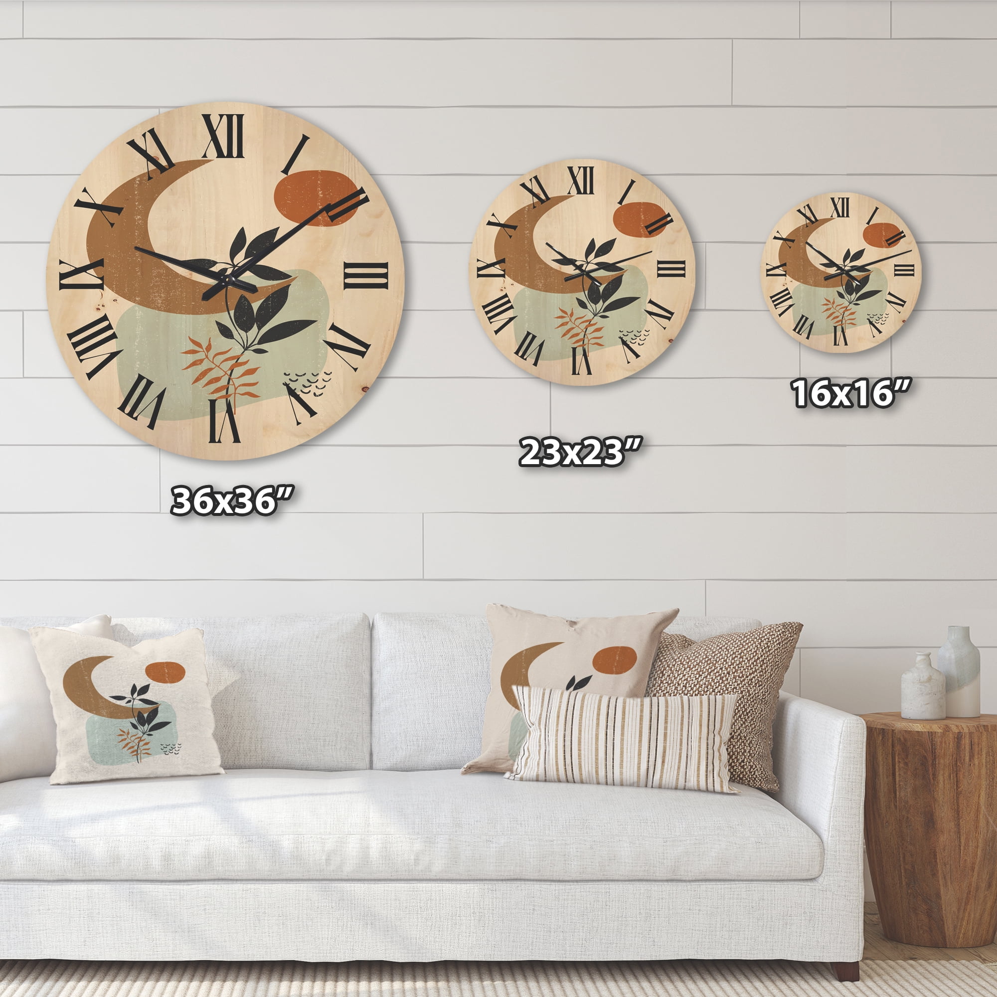 Designart 'Abstract Moon and Sun With Minimal Plants' Modern Wood Wall Clock