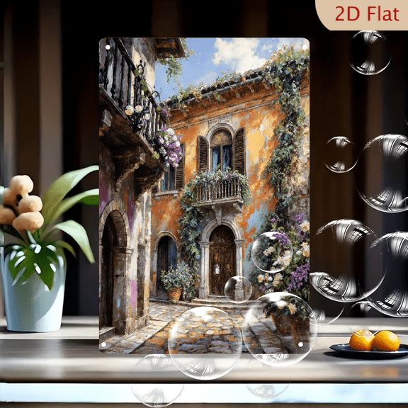 European Courtyard Rustic Stucco Walls Arched Door Cobblestone Street 8x12inches Metal Wall Art Decor for Home Living Room Bedroom