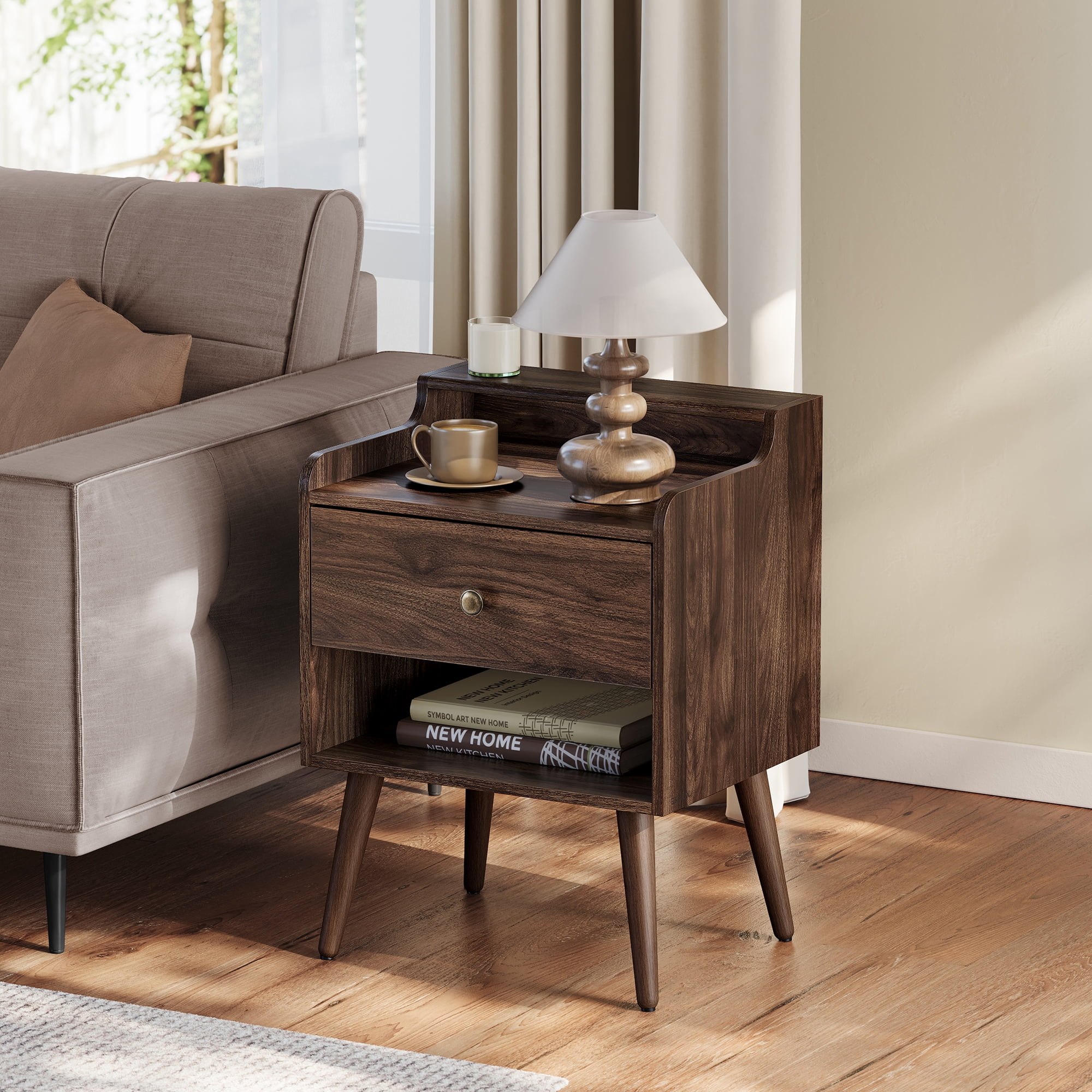 Nightstands, Set of 2, Bedside Tables with Hidden Drawers, Mid-Century End Tables with Solid Wood Legs, Side Tables for Bedroom, Natural Walnut