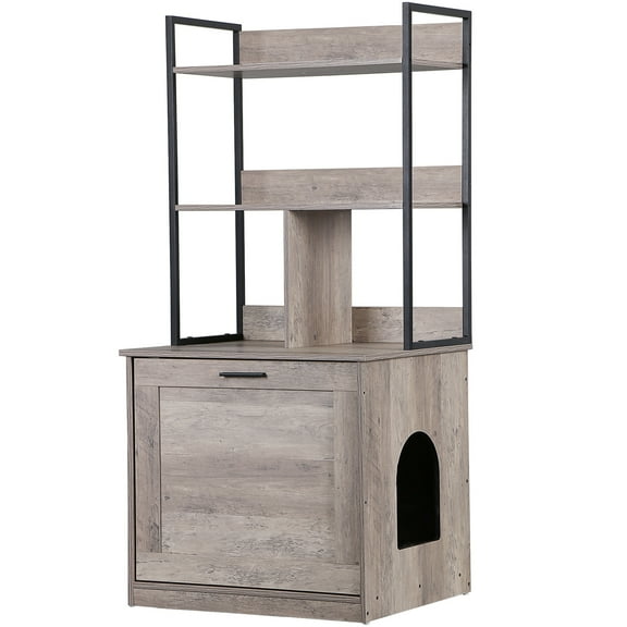 CZMDZH Cat Litter Box Enclosure with 2 Storage Shelves 2-in-1 Litter Box Furniture Hidden with Barn Door, Indoor Wooden Cat House