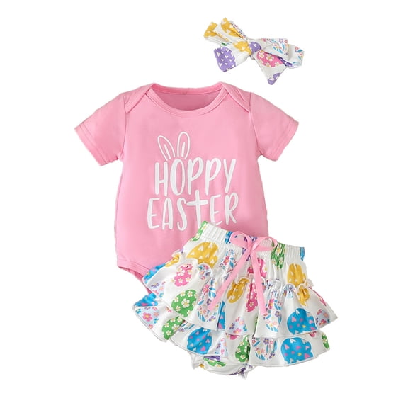 Ruiwill Toddler Boy Girl Easter Outfit Size 0-3 Months Crew Neck Short Sleeve Letter Print Romper With Shorts Hairband Summer Cute Easter Performance Kids Clothes Set Pink
