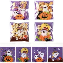 100PCS Self-Adhesive Halloween Treat Bags, Plastic Small Self Sealing Cookie Snacks Goodie Gift Ziplock Bag Bulk for Kids Trick or Treating for Halloweens Party Favors Supplies