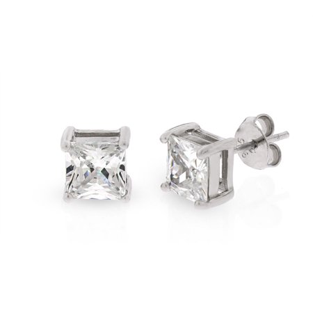 Silver Square Stud - .925 Sterling Silver 6mm Princess Cut Square Cubic Zirconia Stud Earrings