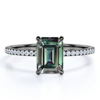 JeenMata Solitaire 1.25 Carat Emerald Cut Lab Created Alexandrite and Moissanite Semi Eternity Pave Engagement Ring - 18k Black Gold over Silver