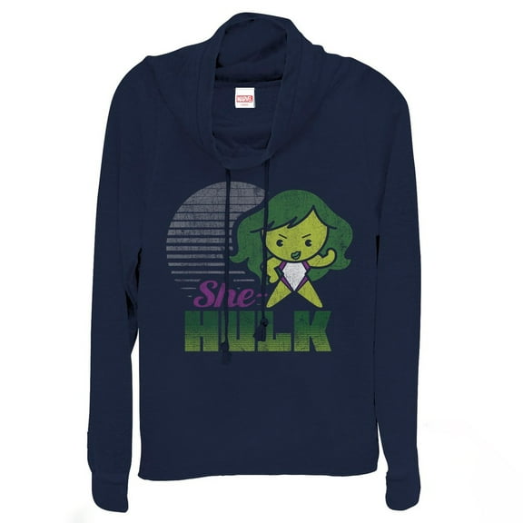 Junior's Marvel She Hulk Kawaii Cowl Neck Sweatshirt Navy Blue Large