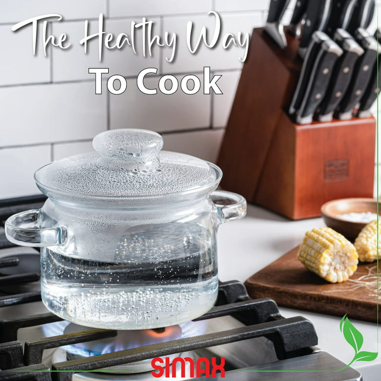 Simax Glass Cookware, 64 Oz (2 Quart) Clear Glass Pot, Glass Saucepan, Potpourri  Simmer Pot With Lid, Easy Grip Handles, Made from Oven, Microwave, Stove  and Dishwasher Safe Borosilicate Glass 