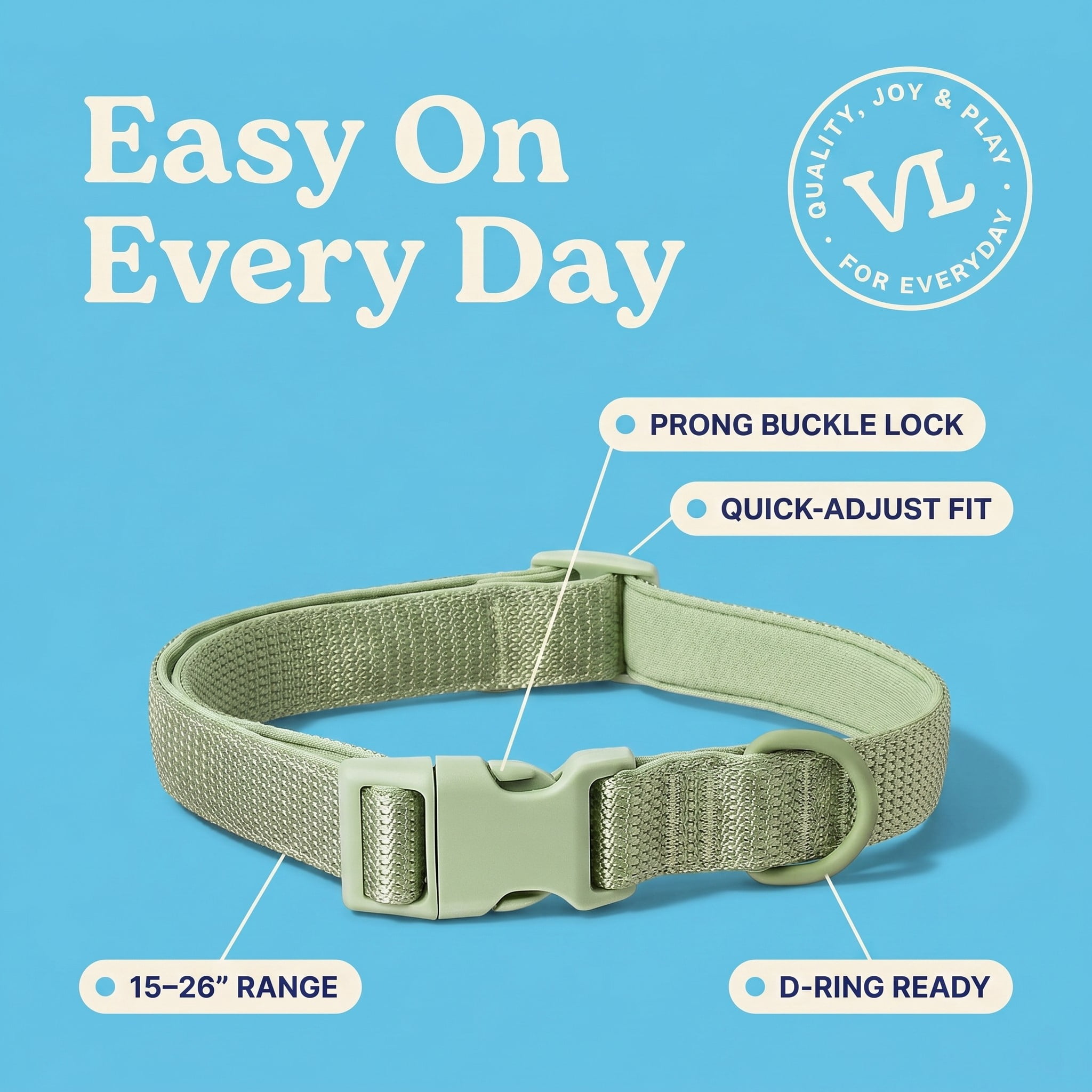 Vibrant Life Neoprene Cushioned Adjustable Dog Collar, Sage Green, Large
