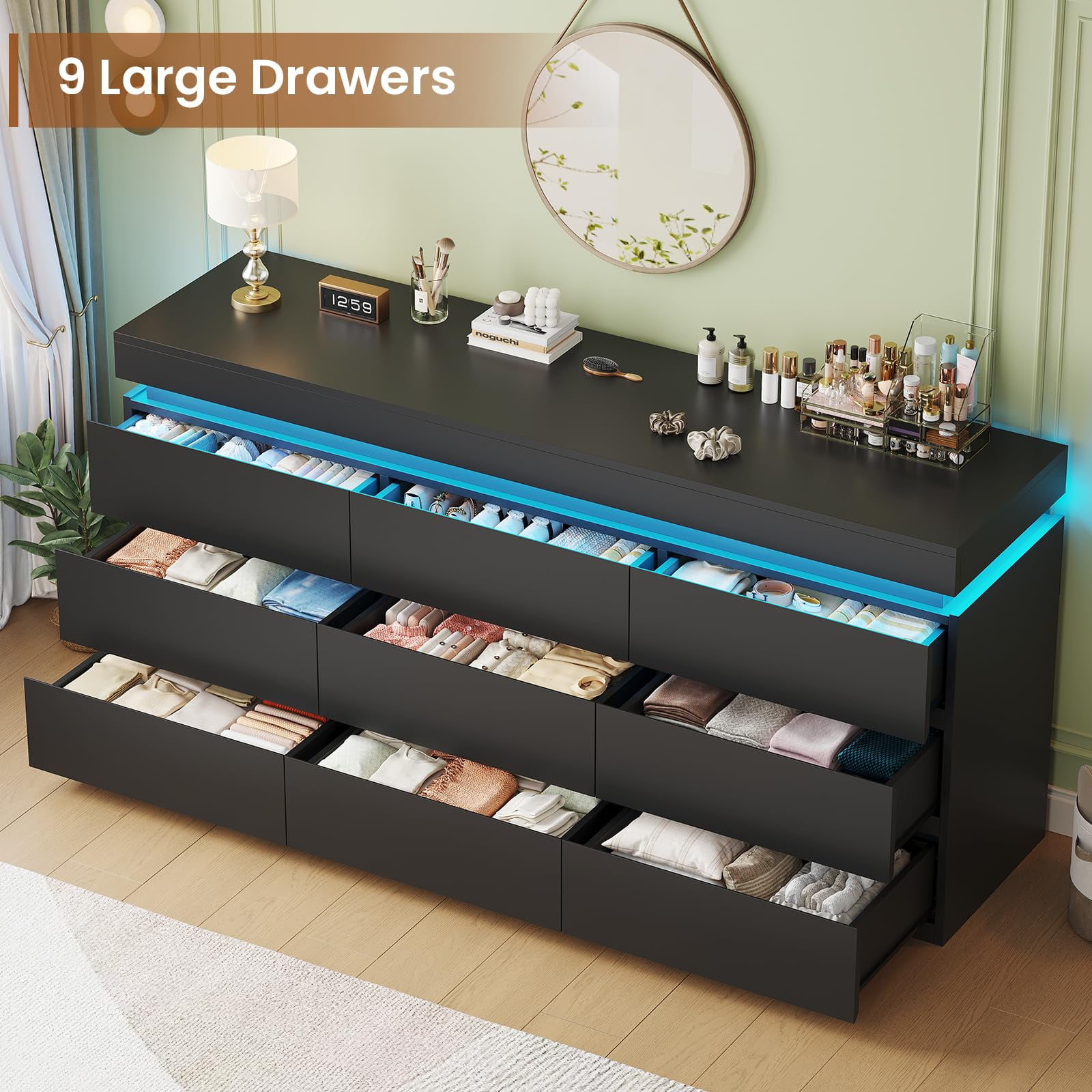 Afuhokles Wide Dresser TV Stand with 9 Drawers Dresser for Bedroom Chests of Drawers for Living Room, Black