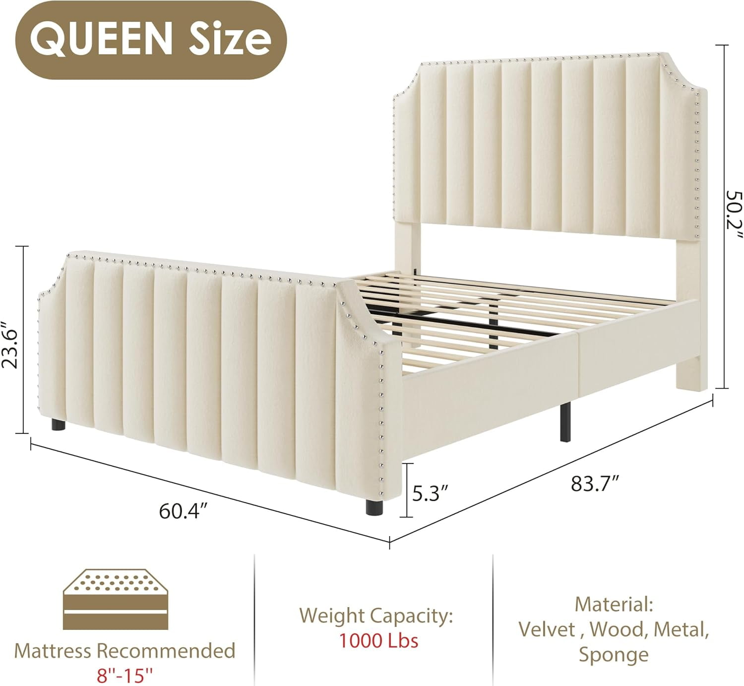 Yesurprise King Size Platform Bed Frame with 50.2Inches Headboard, Velvet Upholstered Bed Frame King with Vertical Channel Tufted Headboard & Footboard, Nailhead Trim, No Box Spring Needed