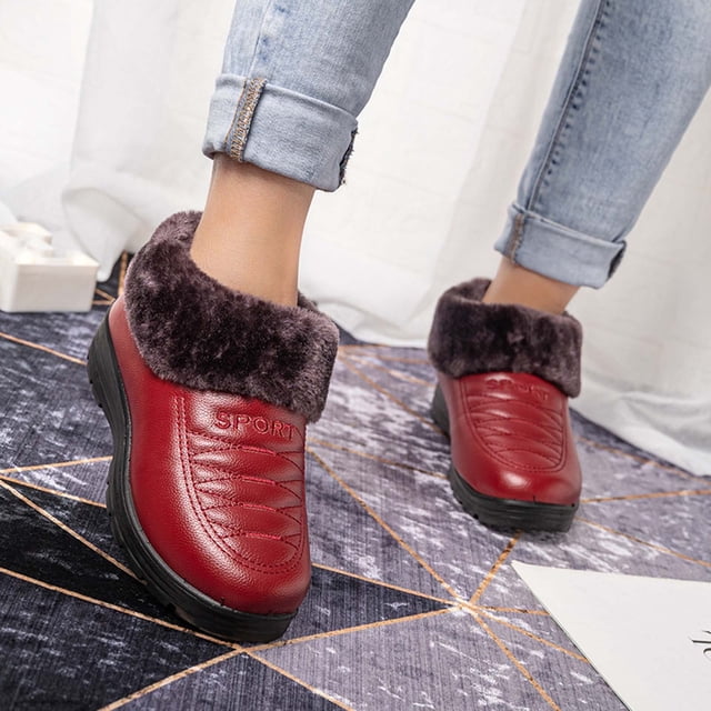 Rewenti Bottes d'Hiver en Peluche pour Femmes d'Extérieur, Bout Rond, Chaussures à Enfiler, Chaussures Décontractées, Rouge 5.5(37)