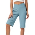 thumbnail image 2 of Tummy Control Stretch Capris for Women with Pockets Wide Leg Pull On Capri Pants Knee Length Dressy Casual Shorts Sky Blue S, 2 of 7