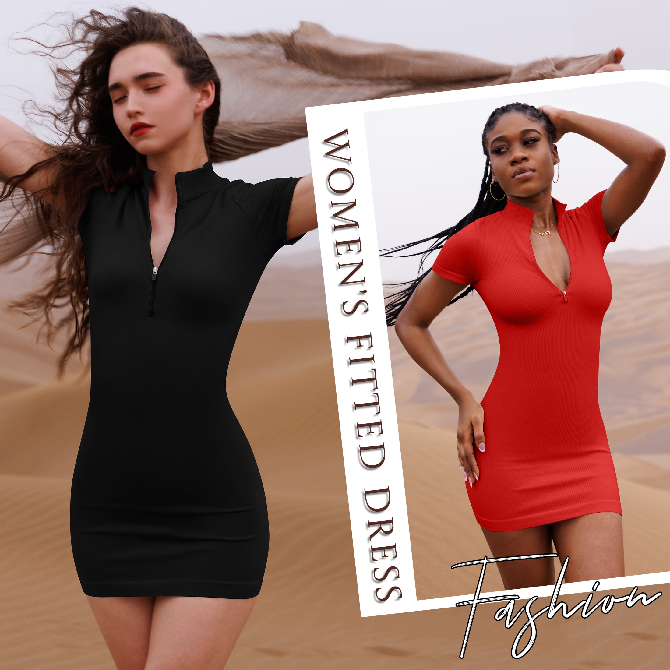 OQQ Women's 2 Piece Dresses Sexy Ribbed Zip Front Short Sleeve Stretch Tops Mini Dress