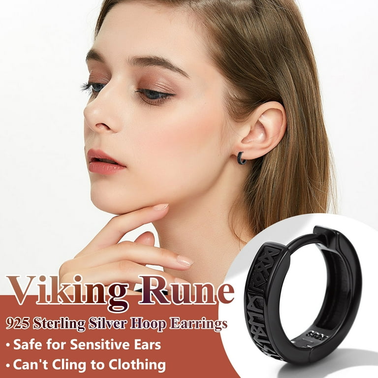 Silvora 10mm Black Men Earrings Viking Rune Hoop Earring