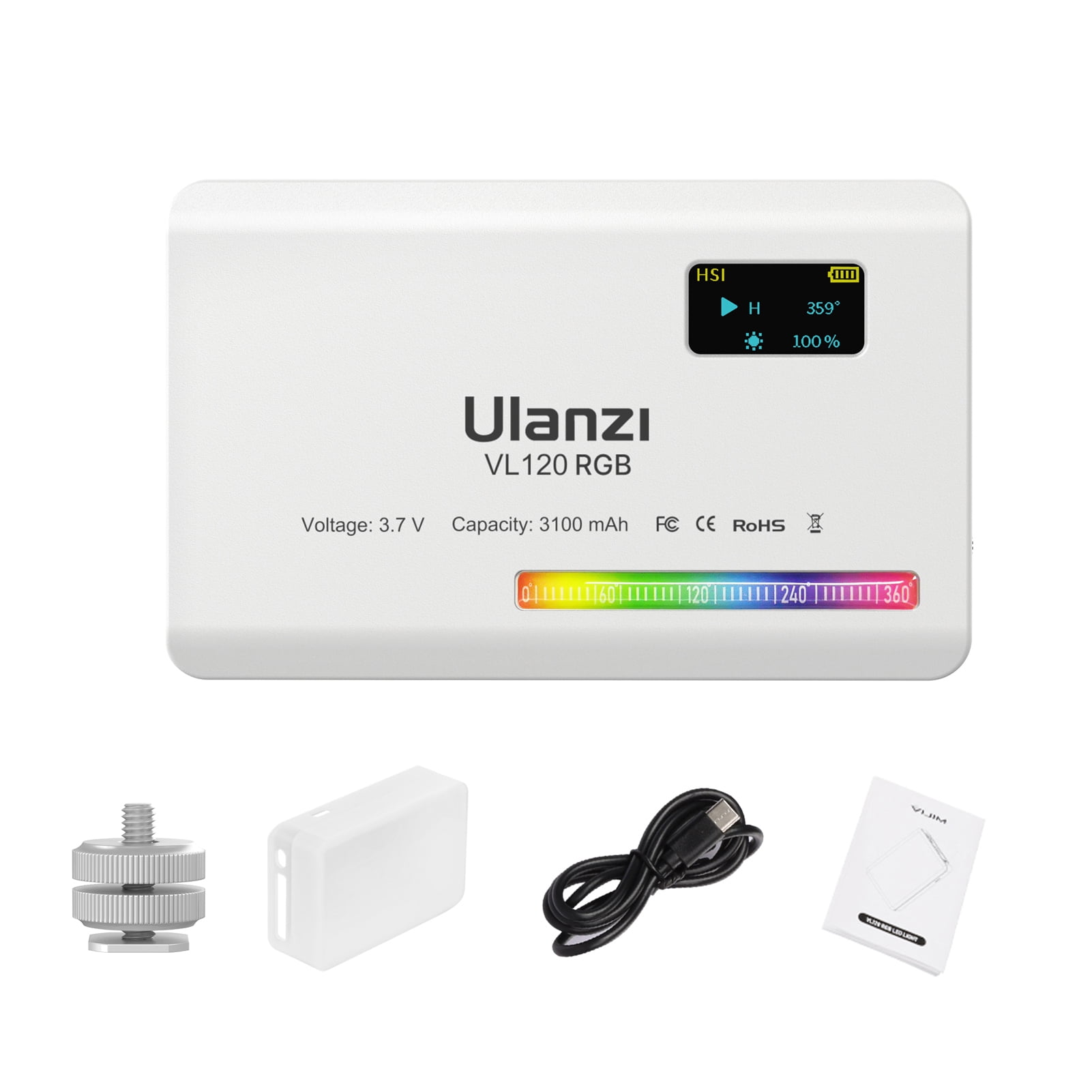 Ulanzi VL120 RGB Mini LED Video Light 2500K-9000K Photography Fill-in Light Dimmable CRI95+ 20 Effects Built-in Rechargeable Battery with Silicon Diffuser Cold Shoe Mount Adapter for Vlog