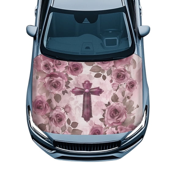 Uourmeti All Weather Protection Car Hood Cover 39.37x59.05 in for Trucks Vans SUV, Pink Rose Cross Engine Shield, Stretch Swimsuit Fabric Car Hood Cover Protector